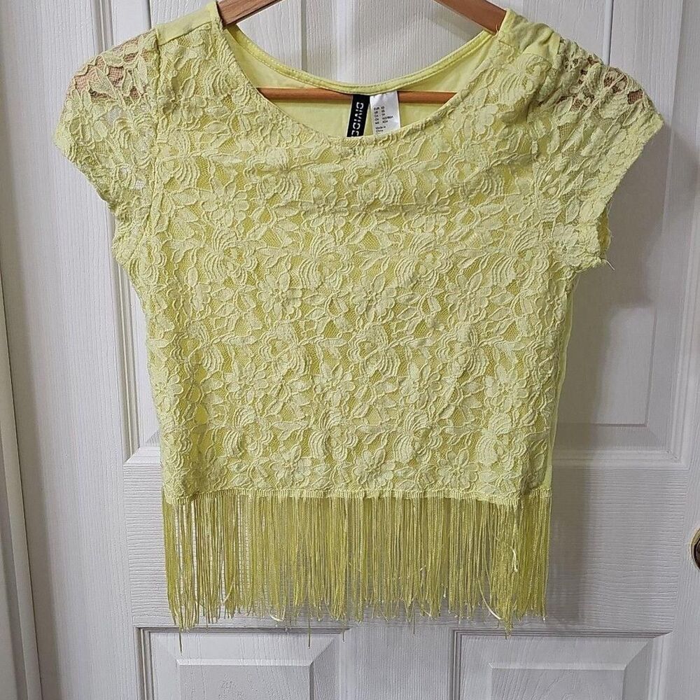 H&M Divided Yellow Floral Lace Fringe Hem Crop Top XS